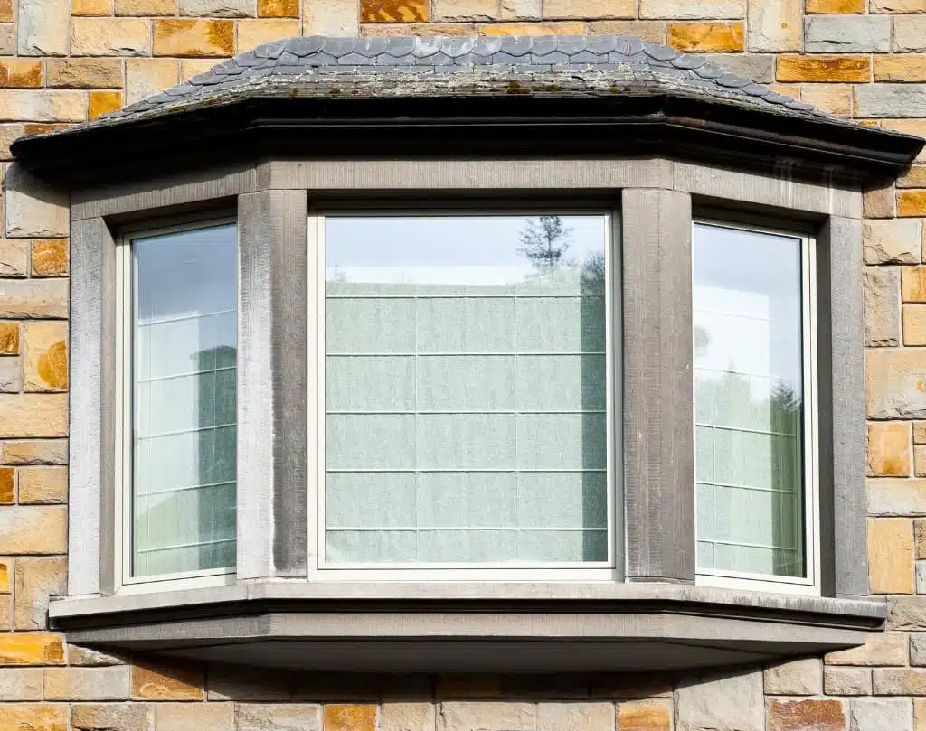 A window with a brick wall and a roof