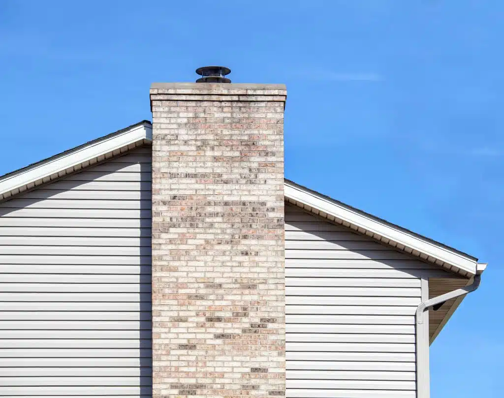 A brick chimney on the side of a house.